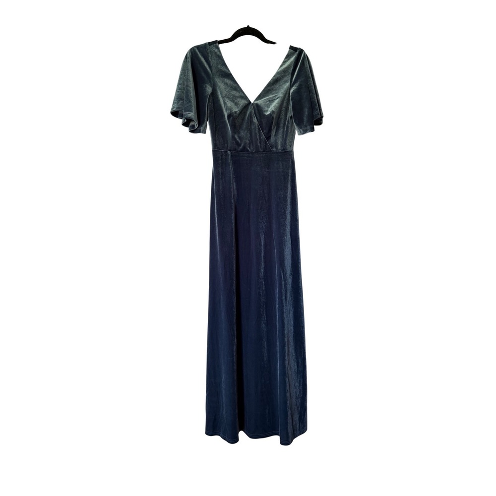 Ever-Pretty Slate Blue Velvet Maxi Dress V-Neck Flutter‎ Sleeve Formal Gown S 4
